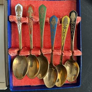 Thai Art Solid Bronze Gold and Multicolor Decorative Spoons Set